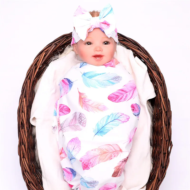 Spædbarn Søde Nyfødte Baby Pige dreng Print Indpakket Swaddle Tæppe Sløjfeknude Hovedbøjle Tøj Sæt 2