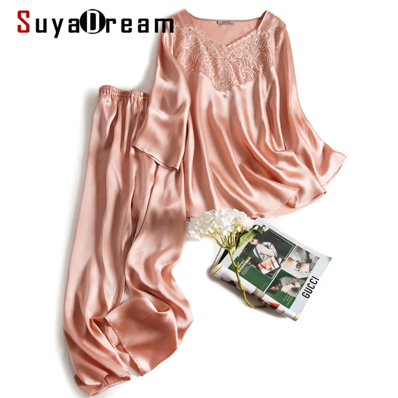 SuyaDream Kvinder Silke Pyjamas Fast Ægte Silke Behagelige Blonder Sleepset Sæt 2020 V hals Pink To-delt Nattøj 2