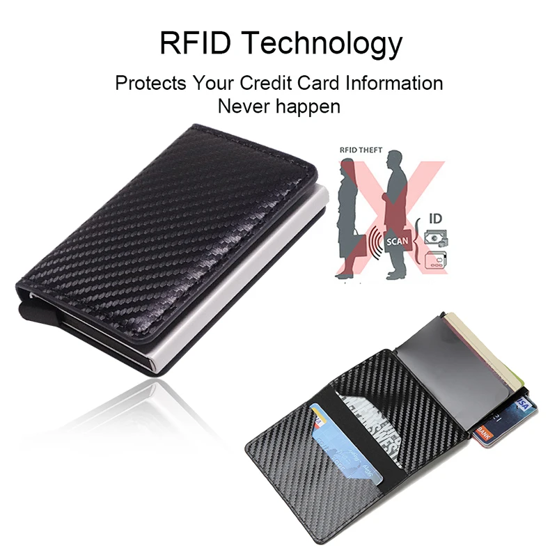 DIENQI RFID-Carbon Fiber Kreditkort Tegnebøger Mænd Black Kort Pung Mandlige Trifold Læder Slank Tynd Mini Wallet Smart Walet 2