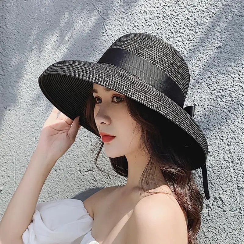 Retro Hepburns sorte strå sun hat til kvinder solbeskyttelse ferie seaside beach hat kvindelige sommeren store tagudhæng Visir caps 2