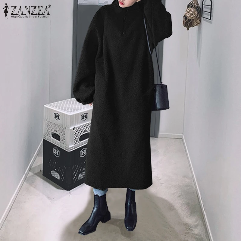 Elegante Bløde Hoodies Kjole Kvinders Split Sweatshirt Robe ZANZEA 2021 Lang Sleece Maxi Vestidos Kvindelige Rullekrave Pullovere 5XL 2
