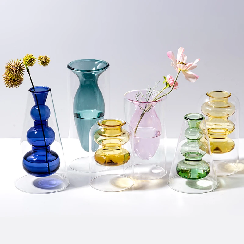 Nordisk Farverige Glas Vase Hydroponics Stue Dekoration Blomst Arrangement Dobbelt Lag Transparant Vaser Desktop Indretning 2