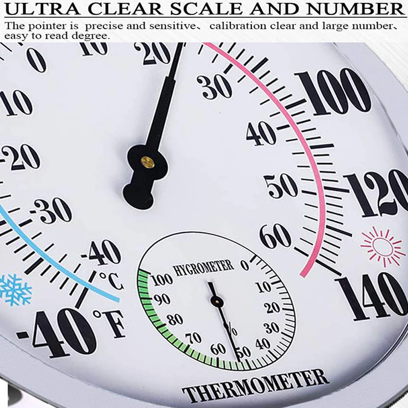 9.84 i/25cm Runde Termometer med Hygrometer Stor Indendørs Udendørs Væg Vejr Termometre kræver Ikke Batteri E2S 2