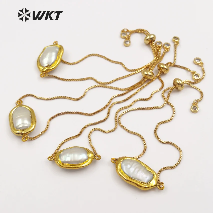 WT-B413 WKT Trendy naturlige ferskvands perle armbånd oval form perle med guld-metal forkromet justerbar kvinder armbånd 2