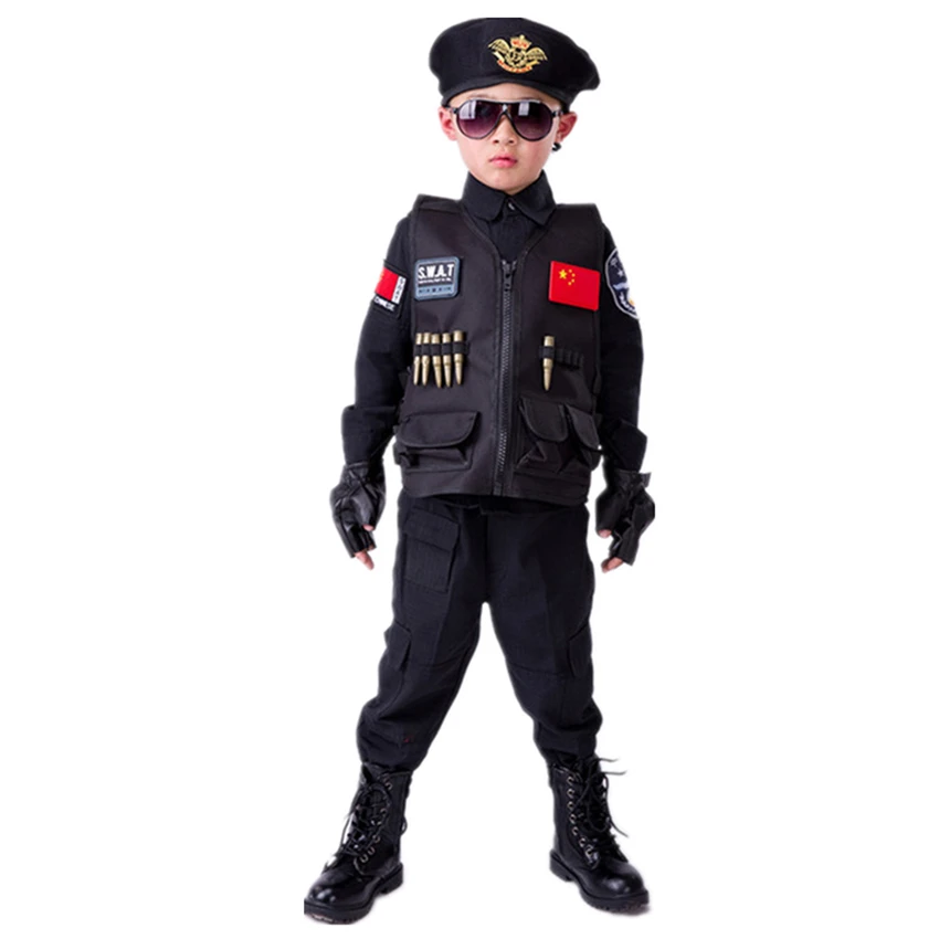 Politifolk Kostumer Drenge Særlige Politi Uniform Children ' s Day Gave Hær Lange Ærmer Frakke+Bukser+Bælte+Handsker+Hat Cosplay Tøj 2