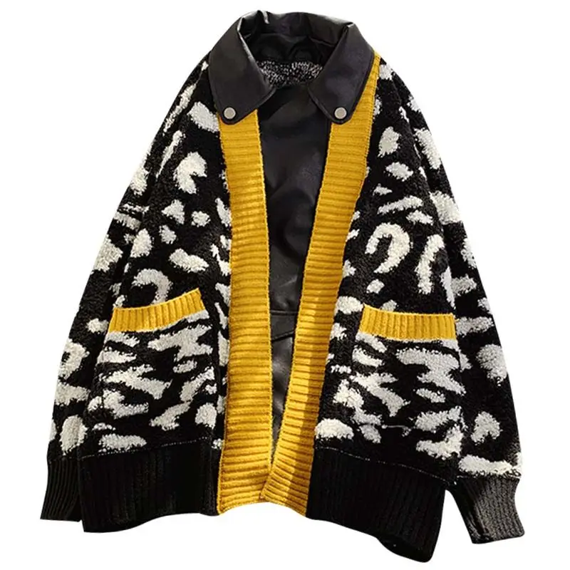 Plus Size Mode Midi-Kvindelige Pels 2021 Efterår Og Vinter Nye Løs Leopard Print Coat Western Stil Strikket Cardigan Med Læder Jakke 2