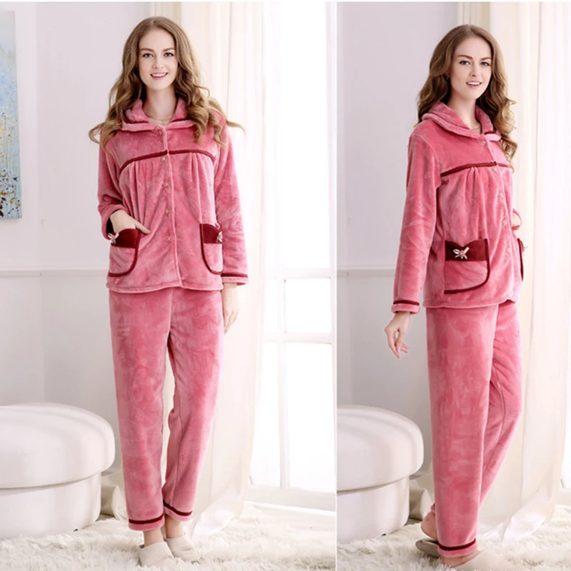 2018 Kvinder Nye Coral Velvet Nattøj Sæt Lommer Flannel Velour Pyjamas Kvindelige Hjem Tøj Vinter Varm Langærmet Pink Rød 2