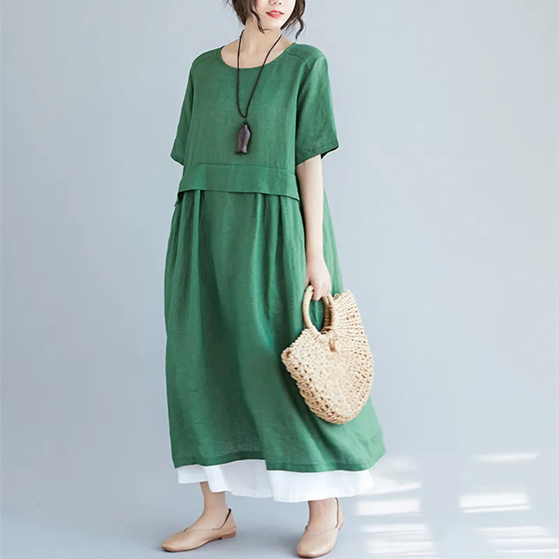 Johnature 2021 Nye Koreanske Løse Kvinder Kjoler Sommeren Kvinder Tøj, New Solid Farve Patchwork Afslappet Plus Size Kjole 2