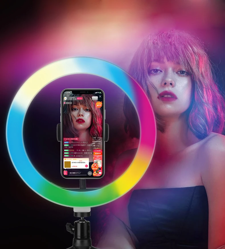 10 Tommer RGB Selfie Ring Lys Stativ Stå Julegave Makeup Live Stream LED Kamera lys ring Bluetooth fjernbetjening USB 2