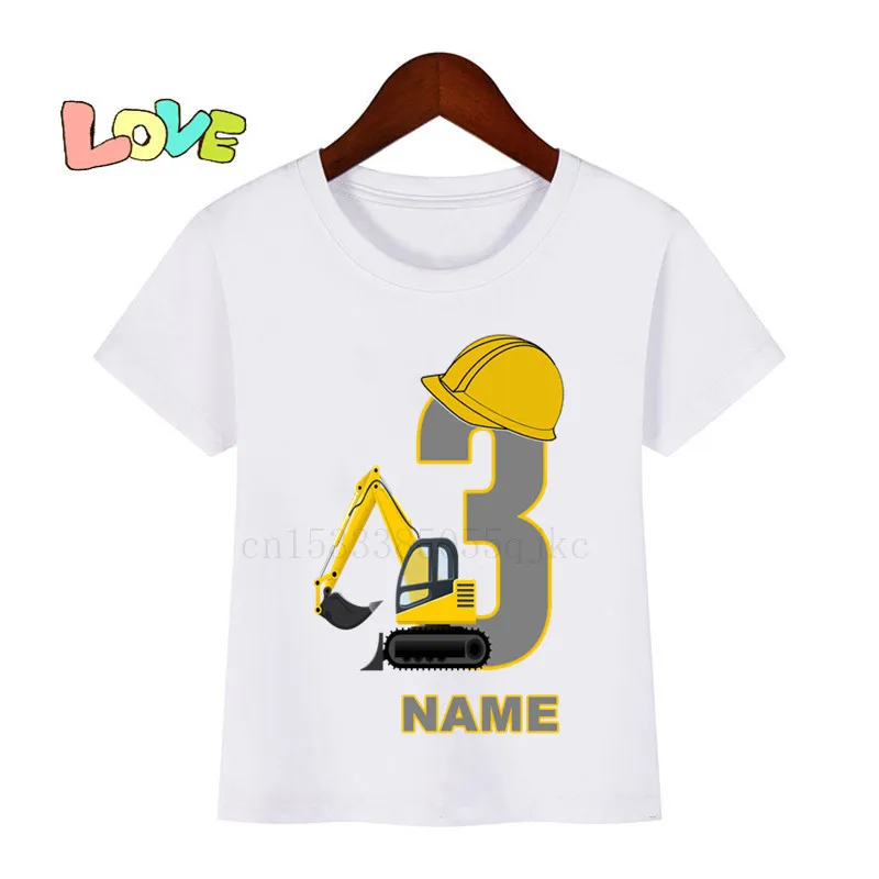 Baby Børn Tegnefilm Gravemaskine Fødselsdag Nummer, Navn, Print T-Shirt Børn Fødselsdag T-shirts Dreng&Pige Sjov Gave Tshirt til Stede 2