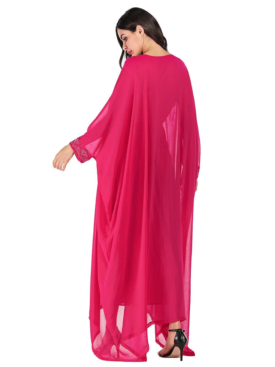 Chiffon Rhinestone Perler Dobbelt-lag Etniske Kjole Batwing Ærme Muslimske Abaya Dubai Arabiske Hellige Kjortel Marokkanske Kjole VKDR1749 2