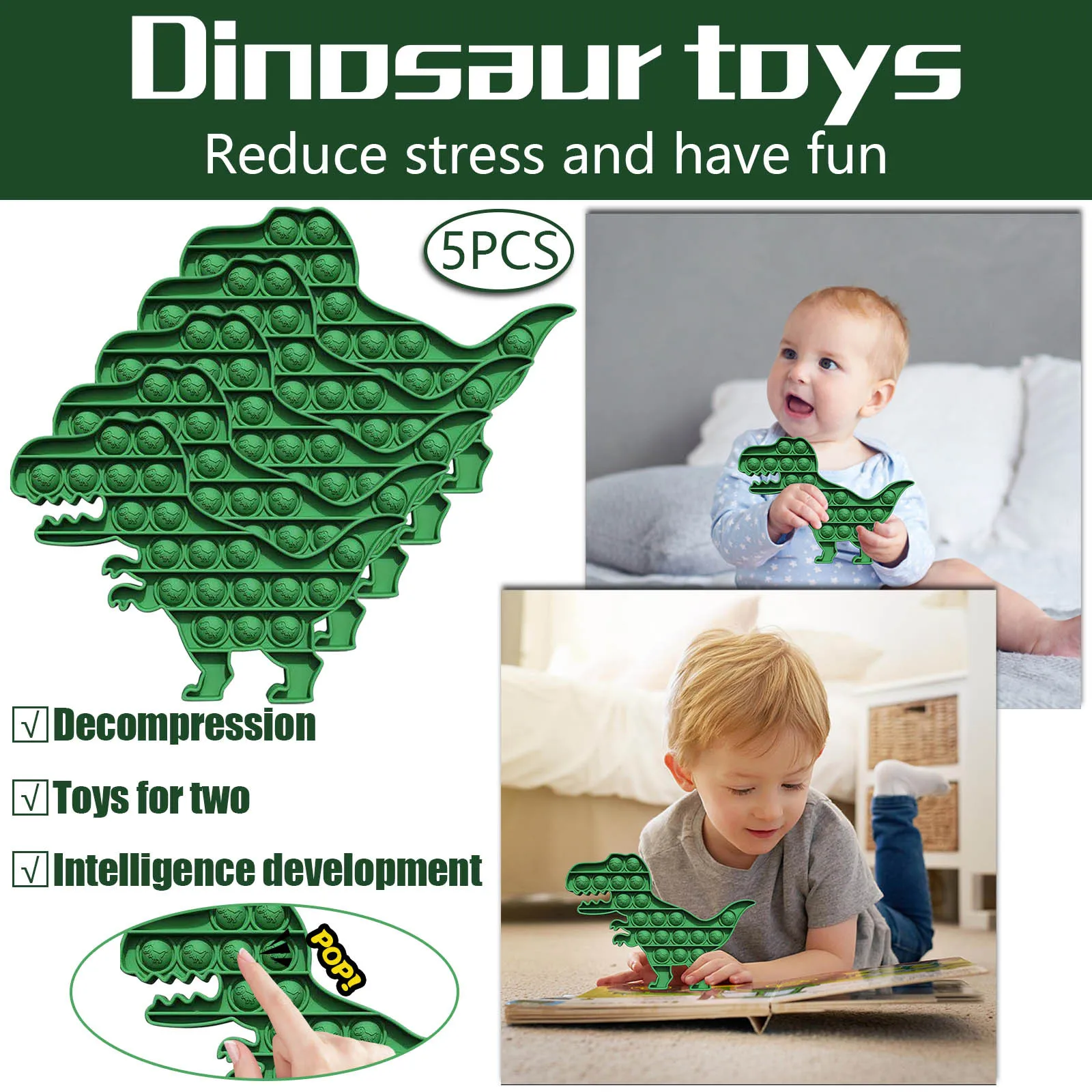 5PC Grøn Dinosaur Push Pop Boble Pille Sensorisk Legetøj Autisme Særlige Behov Stress Reliever Voksne Børn Sjove Antistress-Legetøj 5* 2