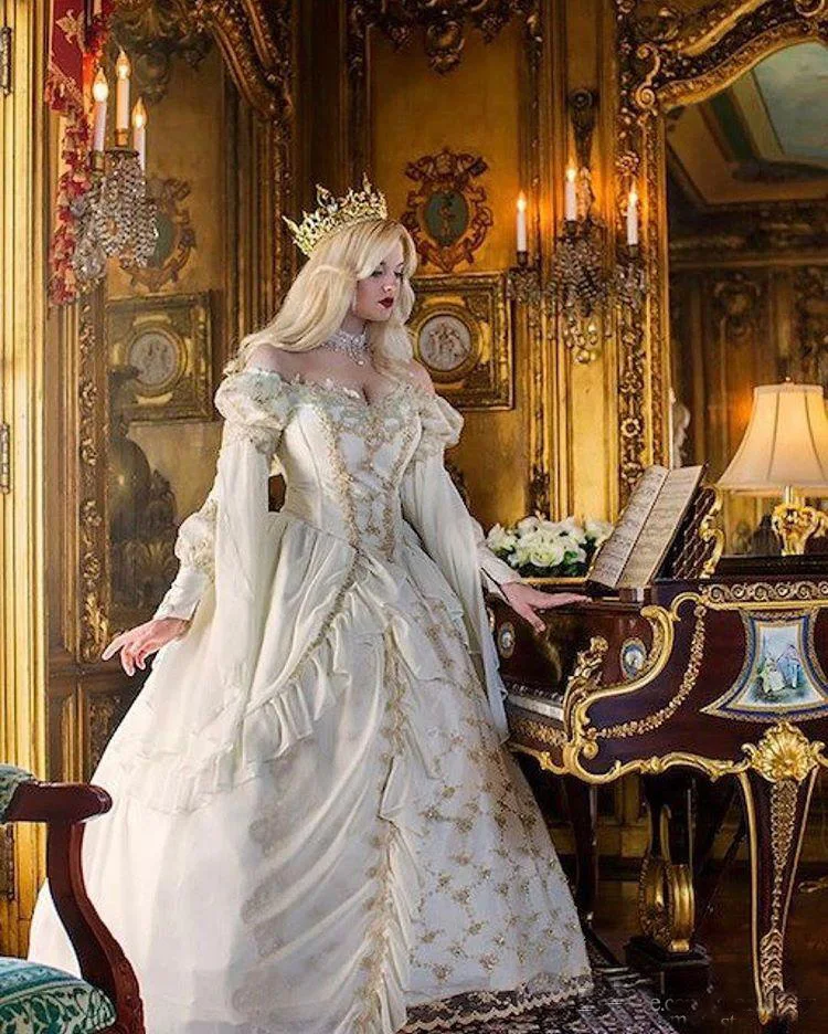 Retro Middelalderlige Victoriansk Gotisk Bolden Kjole brudekjoler, Vintage Lange Ærmer Guld Blonde Pynt Lace-up Corset Maskerade Kjole 2