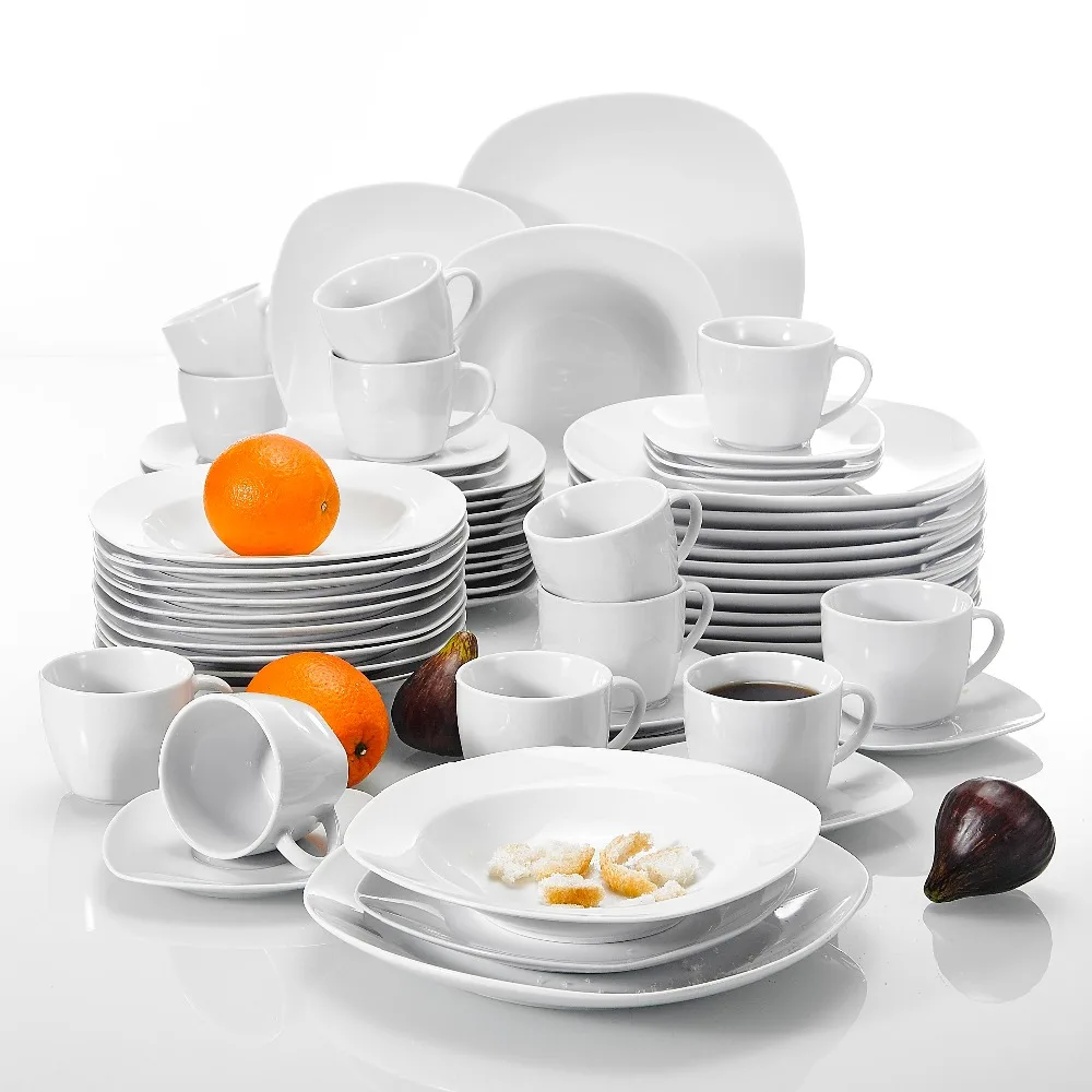 MALACASA Elisa 60-Stykke Porcelæn spisestel med Kaffe Kopper,Underkopper,Middag, Suppe, Dessert Plader Sæt Service til 12 Person 2