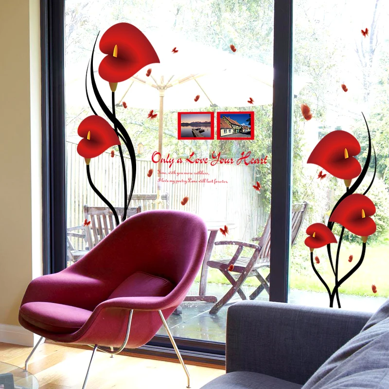 DIY Romantisk Røde Anthurium Blomster Butterfly Wall Stickers fotoramme Citater Home Decor Aftagelige PVC Vinyl Soveværelse Deco Decals 2
