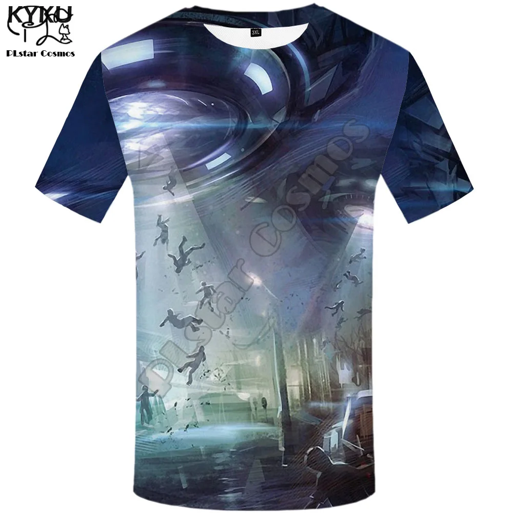 PLstar Kosmos 3D Mode Harajuku Streetwear Fremmede Rumskib UFO Galaxy Unisex Casual Sjove t-shirts, Korte ærmer a1 2