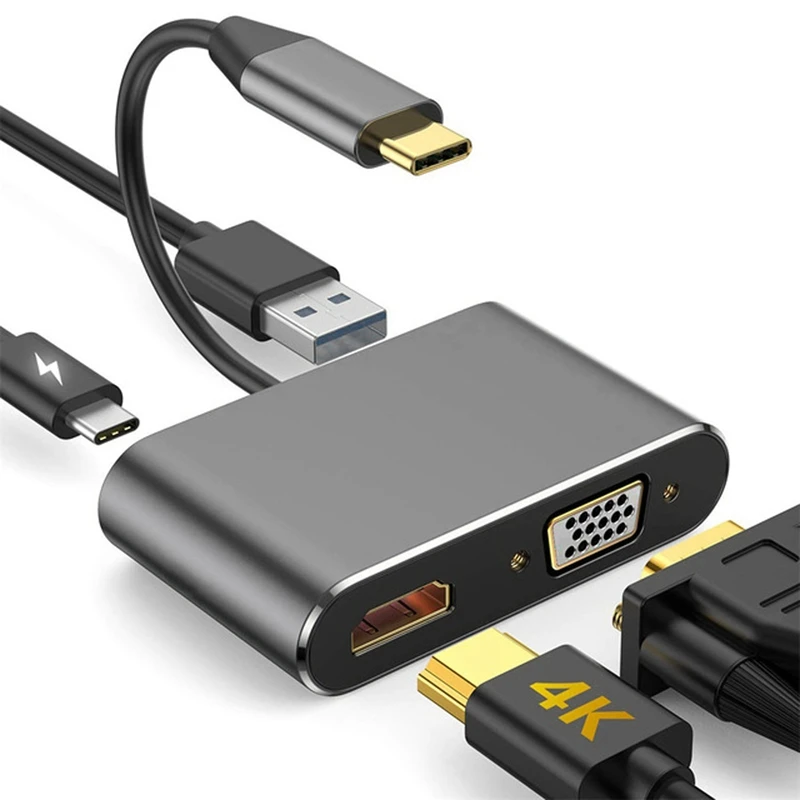 4-I-1 USB-C til HDMI-VGA-Adapter Type C til HDMI 4K VGA-USB3.0 Video Converter PD 60W Hurtig Oplader til Pro Samsung S9 2