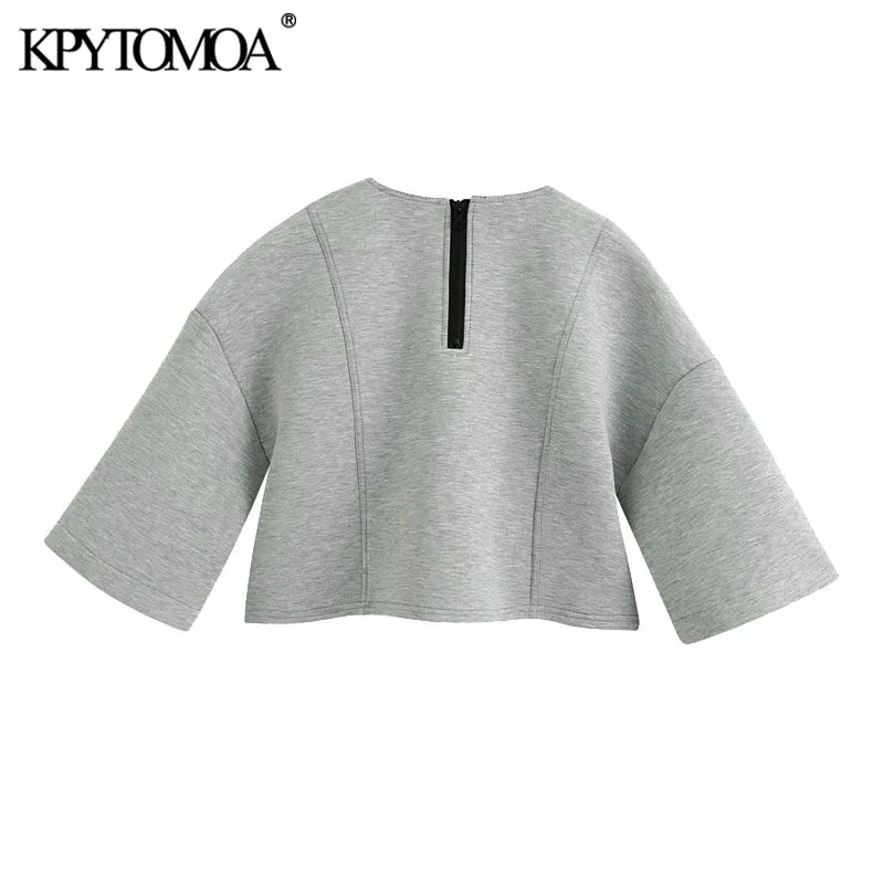 KPYTOMOA Kvinder 2020 Mode Søm Detaljer Løs Beskåret Sweatshirts Vintage Korte Ærmer Lynlås i Ryggen Kvindelige Pullovere Smarte Toppe 2