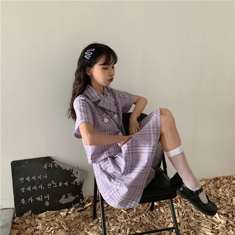Japansk College Stil Harajuku Skole Uniform Outfit Søde Plaid Kort Ærme Toppe Sød, Høj Talje Plisserede Bolden Lilla Dragt 2