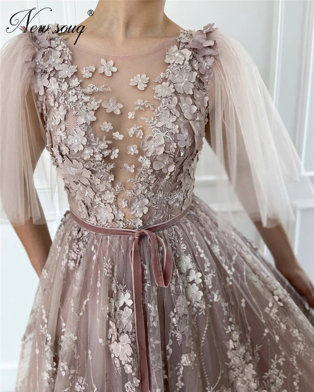 Dubai 3D Blomster Aften Kjoler Pynt Formelle Kvinder festkjoler Tyl arabisk Prom Kjole Til Bryllup Robe De Soiree 2020 2