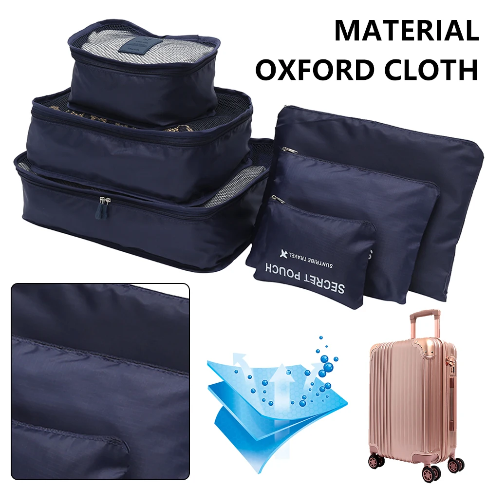 6stk/set Bagage-Organizer Taske Store Vandtæt Rejser Tilbehør Oxford Pakning Terninger Planlægning For Tøj Opbevaring Poser 2