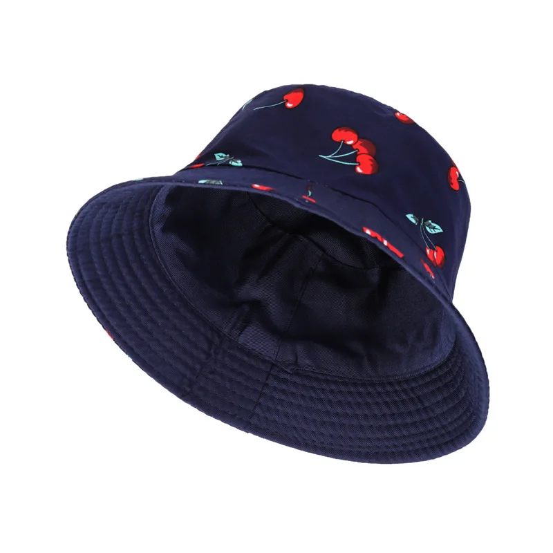 Harajuku Style Nye Cherry Trykt 2 Farve dobbeltsidet Bucket Hat for Både Mænd og Kvinder Udendørs Stranden i Panama Fisker Cap-F69 2