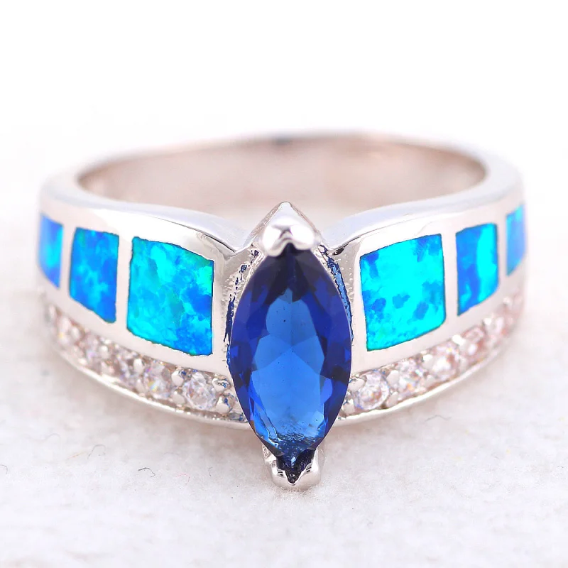 ROLILASON Perfekte Gave til Kæreste Blå Ild Opal Silver Blue Zircon Mode Smykker Ringe USA Størrelsen #6#7#8#9#10 OR876 2
