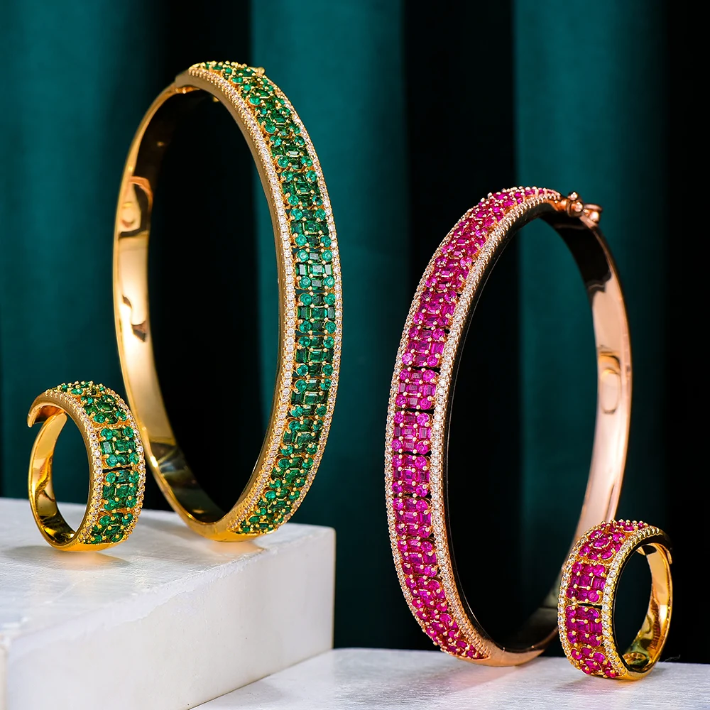 GODKI Luksus 3PC Grønne Øreringe Bangle Ring Set For Kvinder bryllupsfest Baguette Skære Zirkonia Dubai Brude Smykker Sæt BOHO 2020 2