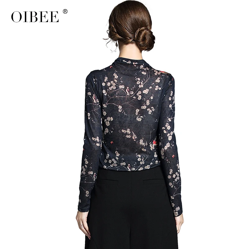 OIBEE2019 Nye Mode Skåret Ud Almindeligt Kvinder Tee Elegant Sort langærmet T-shirt med O-Hals blomsterprint Alle-match Toppe Tee 2