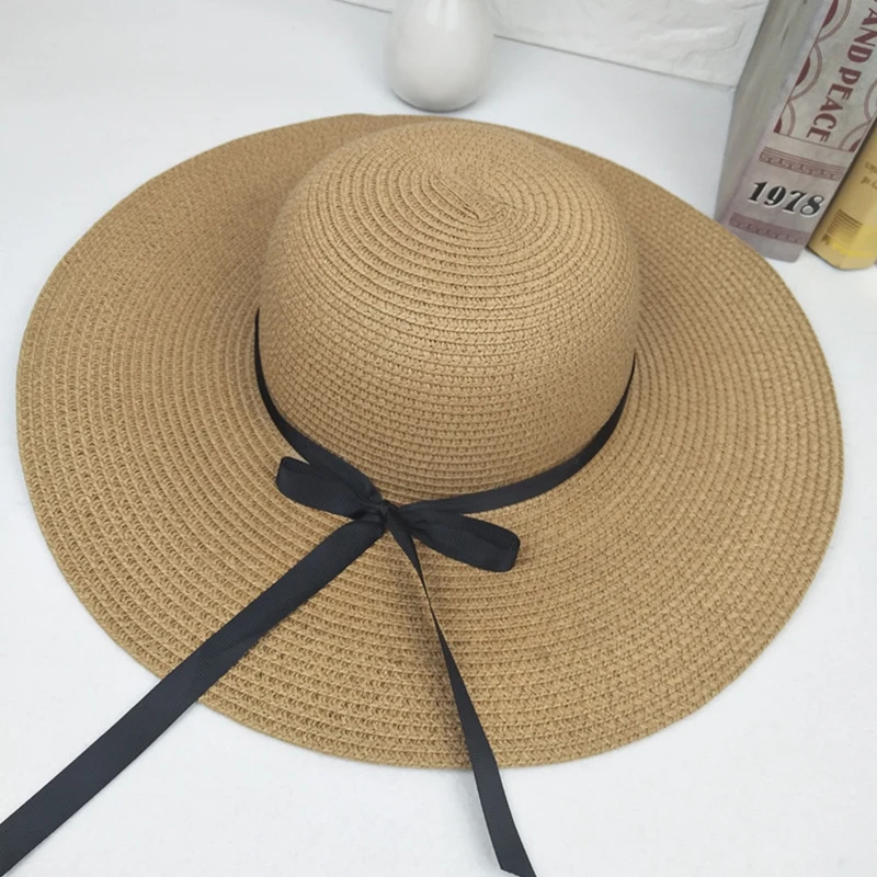 Rejser om sommeren stranden hatte vilde ride strå hat stor sløjfeknude bånd halm cap damer UV-beskyttelse søn caps 2