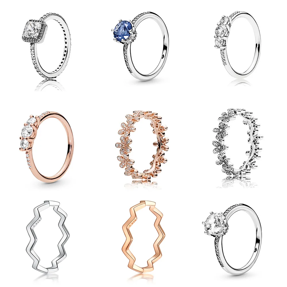 Sølvfarvet Ring Charms Diy Blå Cz Rosa Guld Farve Snefnug Square Crystal Finger Ring For Kvinder Parti Smykker 2