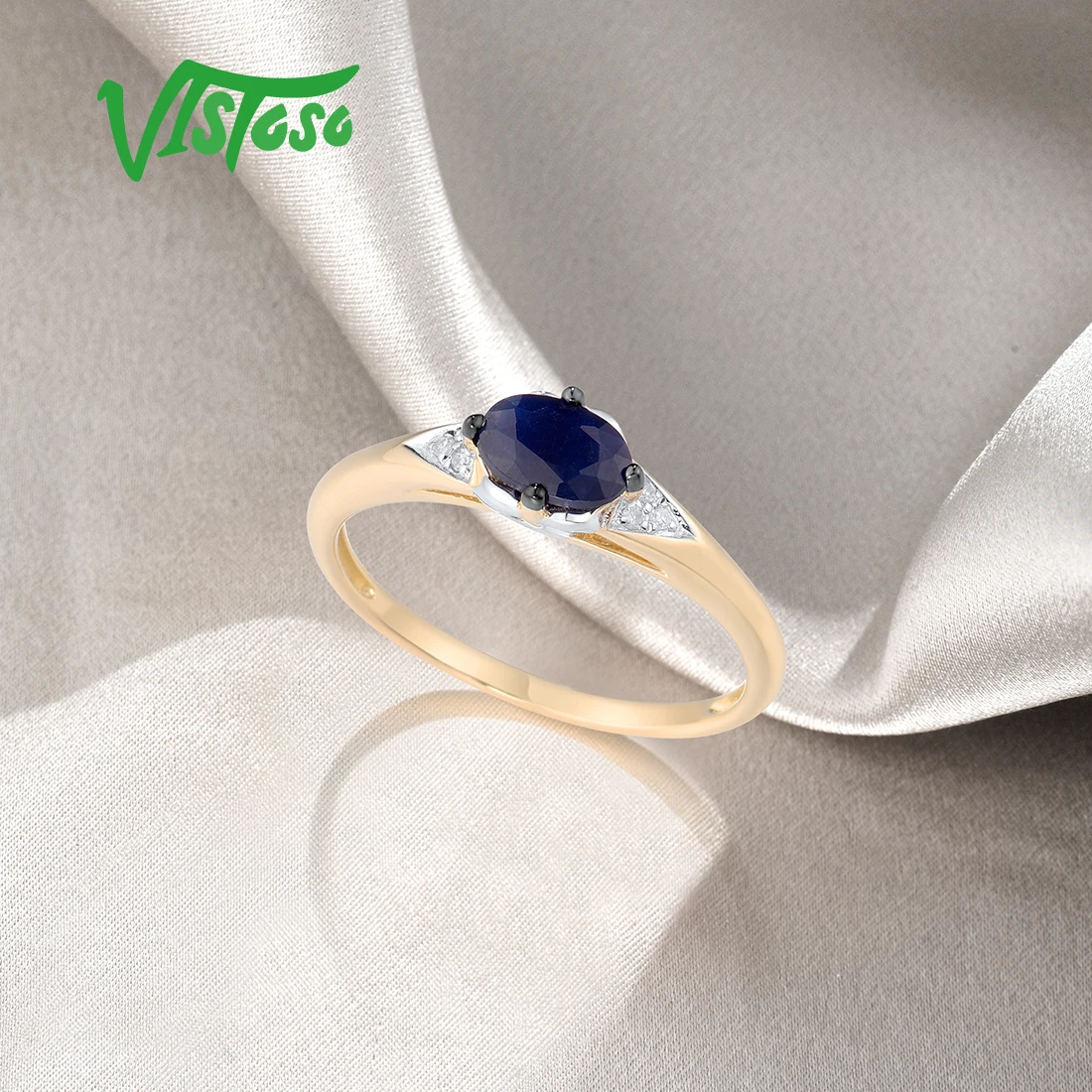 VISTOSO Guld Ring For Kvinde Ægte 14K 585 Gult Guld på en Naturlig Blå Safir Skinnende Diamant anillos Enkle Trendy Fine Smykker 2