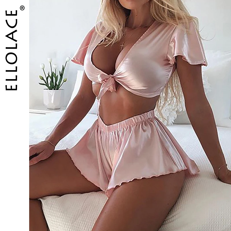 Ellolace Nattøj Silke Efterligning Kvinders Pyjamas Dyb-V snøre Sexet Natkjole Pyjamas Sæt Kulør Sexet Pink Nightie Engros 2