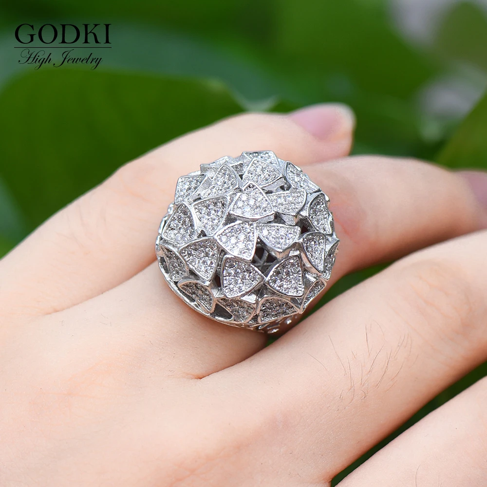 GODKI Luksus BLAD Cluster Erklæring Store Ringe For Kvinder Bryllup Crystal Zircon Dubai Brude Finger Ringe, Smykker Afhængighed 2018 2