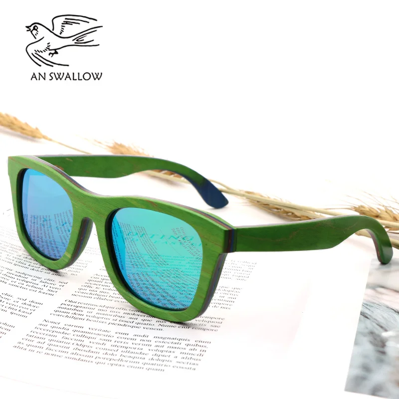 Nye Håndlavede Farvede Træ Ramme Flerfarvet Briller Retro Fashion Square Kvinders Solbriller Ultraviolet-bevis TAC Solbriller 2