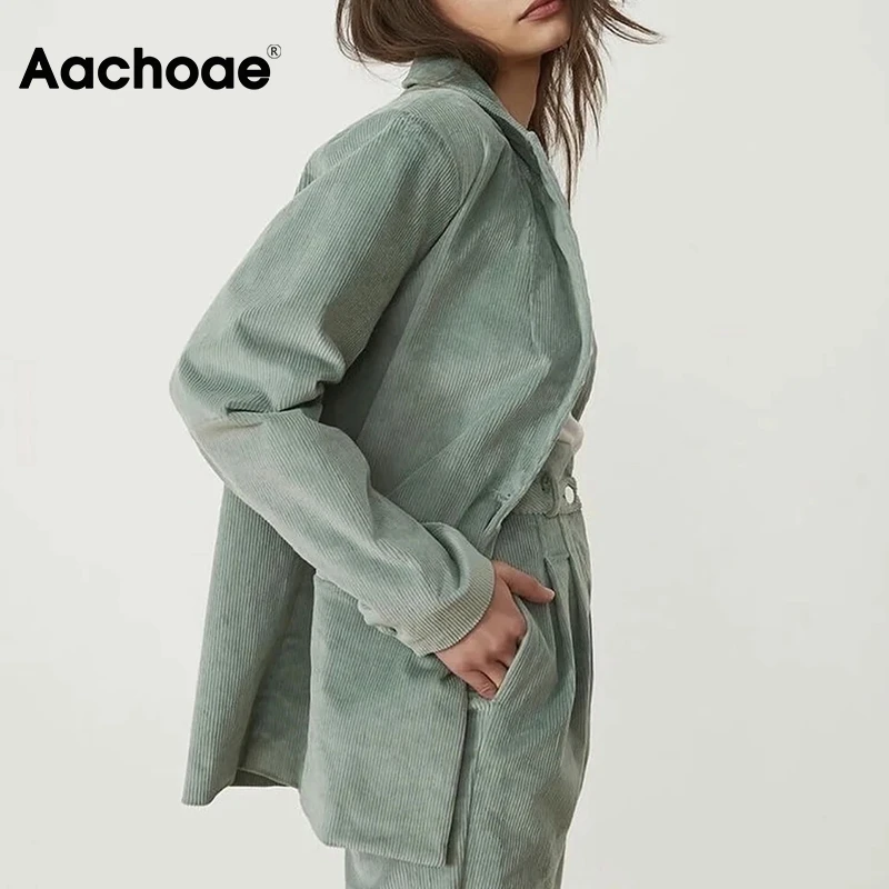 Aachoae Solid Elegant 2-Delt Sæt Kvinder Hak Hals Fløjlsbukser Blazer+Plisserede Lang Længde Harem Bukser Passer Garnitur Damski 2