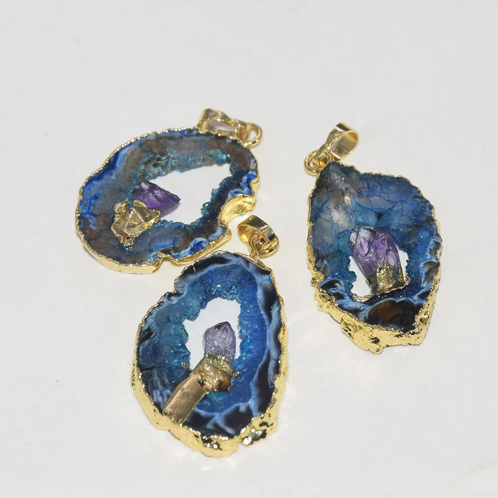 Naturlige Skive Blå Sten vedhæng til smykker at gøre kvinder 2020 Guld Plating Druzy Amulet store Uregelmæssige sten punkt perle hjerte 2