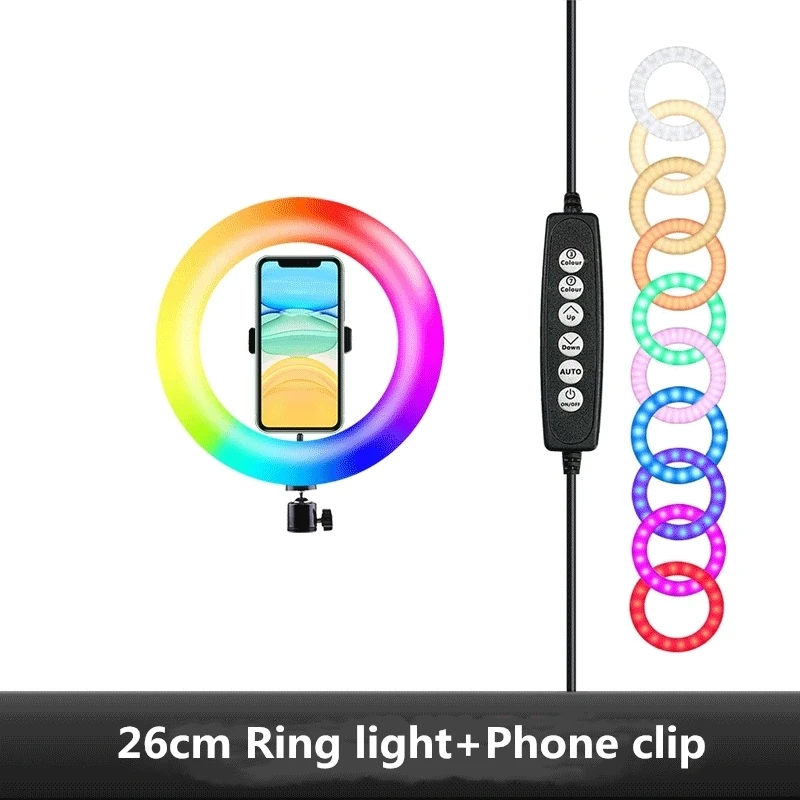 10 tommer RGB-Ring Lys Med Stativ Phone Clip Selfie Farverige Fotografering Belysning til Studie Vlogging YouTube Kort Video Live 2
