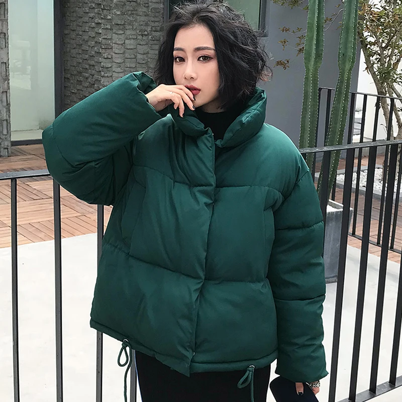 Koreansk Stil Kvinders Vinter Jakke Overdimensionerede Solid Kvindelige Kold Pels Løs Stå Krave Bomuld Polstret Tyk Varm Parkacoats Kvinde 2