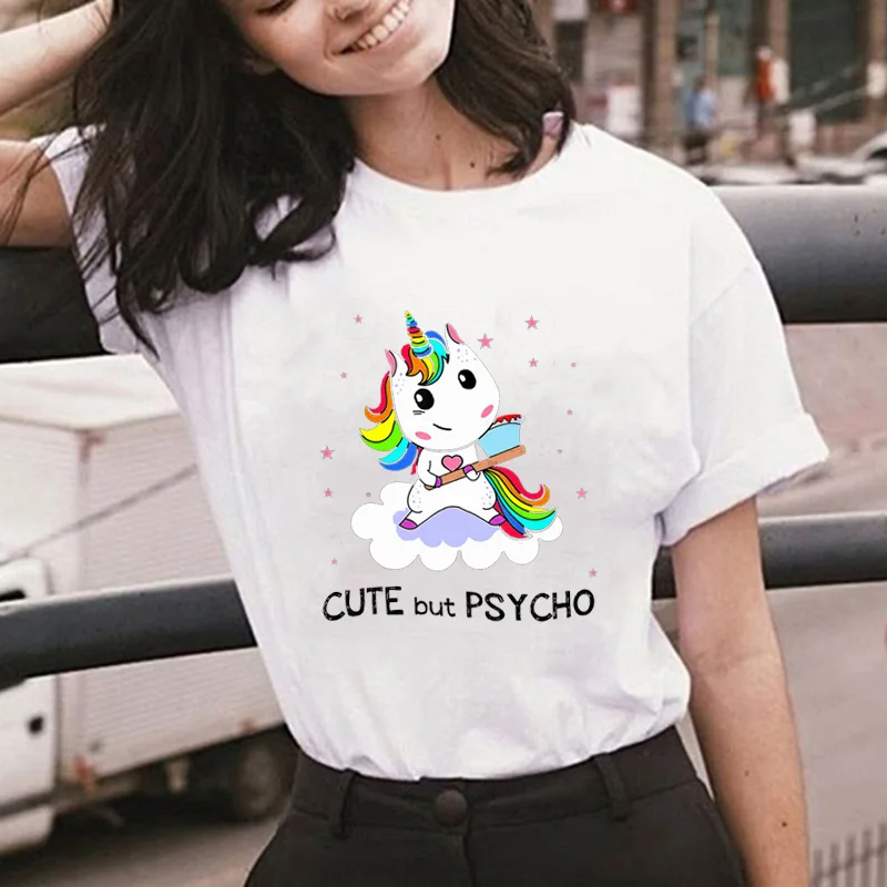 Søde piger, Men Paycho Print Kvinder T-Shirt Hvid t-shirts Lady Unicorn Korte Ærmer Kvindelige Sommer Toppe Dame T-shirt Sjove Tshirt 2