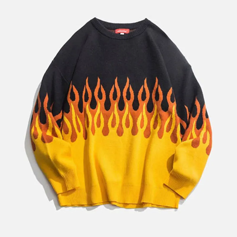 Efterår og Vinter Harajuku Mænds Sweater Flamme Strikke Casual Løs Pullover 2020 Nye Japan Style Hip Hop Mandlige Kolde Bluse Unisex 2
