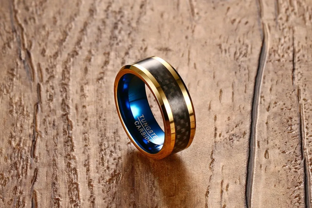 SIZZZ Mænds 8 mm wolfram stål ringe carbon fiber ring guld blå farve Europæisk stil smykker til mænd engros 2