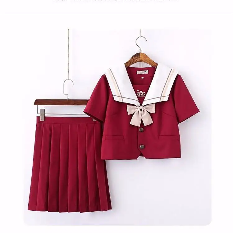 Rød Japansk Skole Uniform For Girls Sweet Lolita Sømand Koreanske Uniformer Cosplay Langærmet Skjorte Plisseret Nederdel Studerende Sæt 2