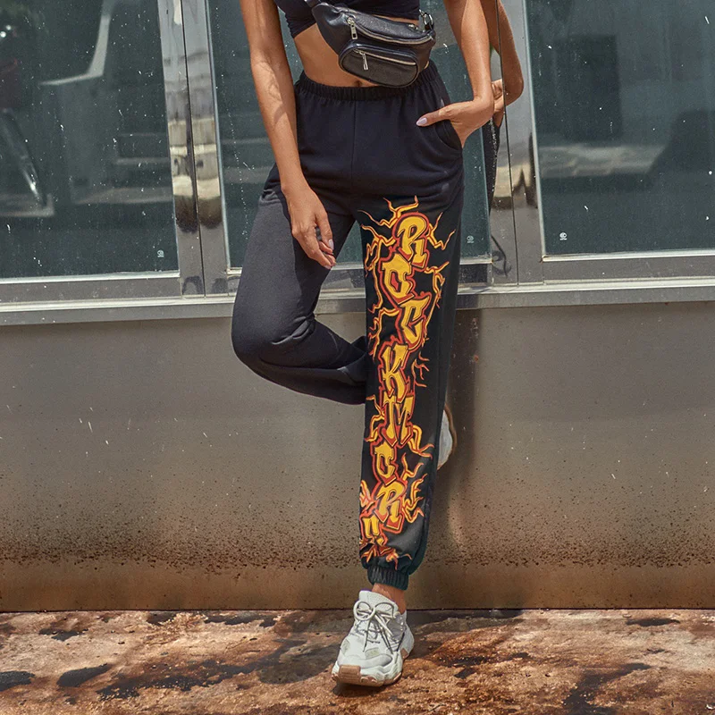 InstaHot Kvinder Sweatpant Flamme Trykt Sorte Bukser Cargo Bukser 2020 Fashion Streetwear Gotisk Kvinde Pantalones Løs Jogger 2