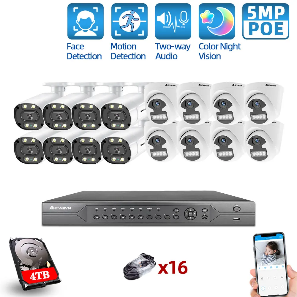 H. 265+ 16CH 5MP POE NVR Kit HD Color Night Vision CCTV Sikkerhed Kamera System Kit To-Vejs Audio-Video-overvågningssystem Sæt 2