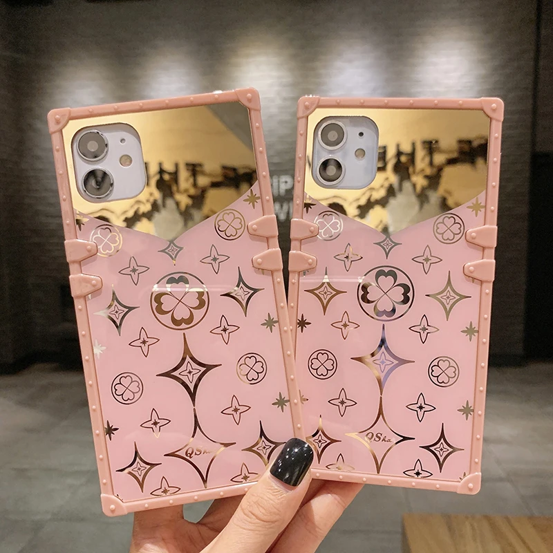Luksus-Pladsen Søde Kløver Pink Phone Case For iPhone-11 Pro Max 12 Mini X XS-XR 7 8 Plus-Blød Silikone Spejl Dække Ring Holder 2