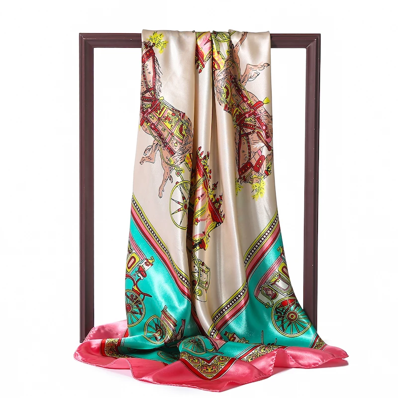 Design Kvinder Silke-Pladsen Tørklæder Print Hijab Foulard Kvindelige Hals Tørklæde Hoved Band 90*90cm Sjaler Dame Wraps Bandana 2