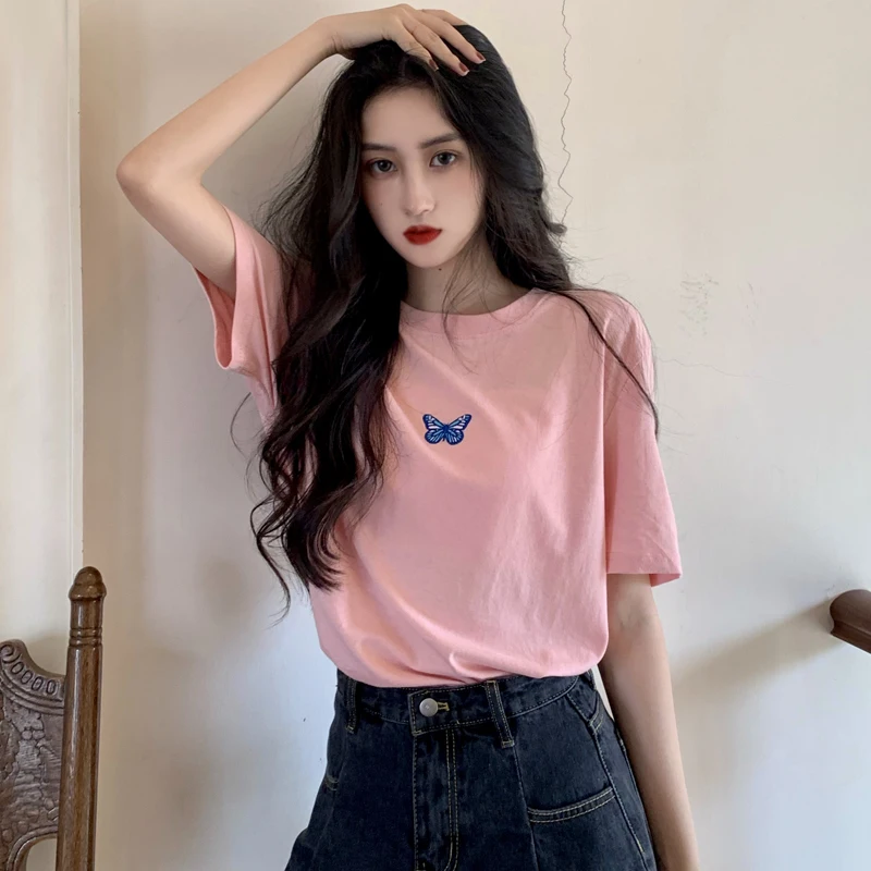 8 farver sommer koreansk stil 2020 sommerfugl broderi kort ærme løs t-shirts dame t-shirt femme kvinder toppe (C2355) 2