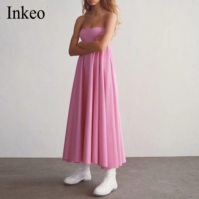 Sexet Kvinder ærmeløs Maxi Kjole Pink 2020 Sommer Mode Plisserede Spaghetti Strop kjoler Høj talje Vestidos Stranden INKEO 9D156 2