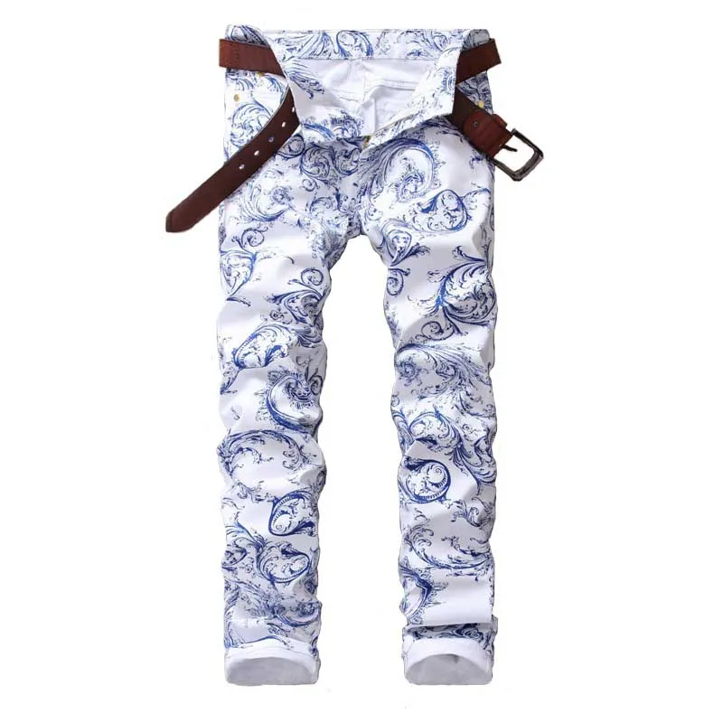Mcikkny Mode Mænds Malede Jeans Bukser, Slim-Fit Stretch Denim Bukser Blomstret Hvid Design Mænds Jeans Løbere 2